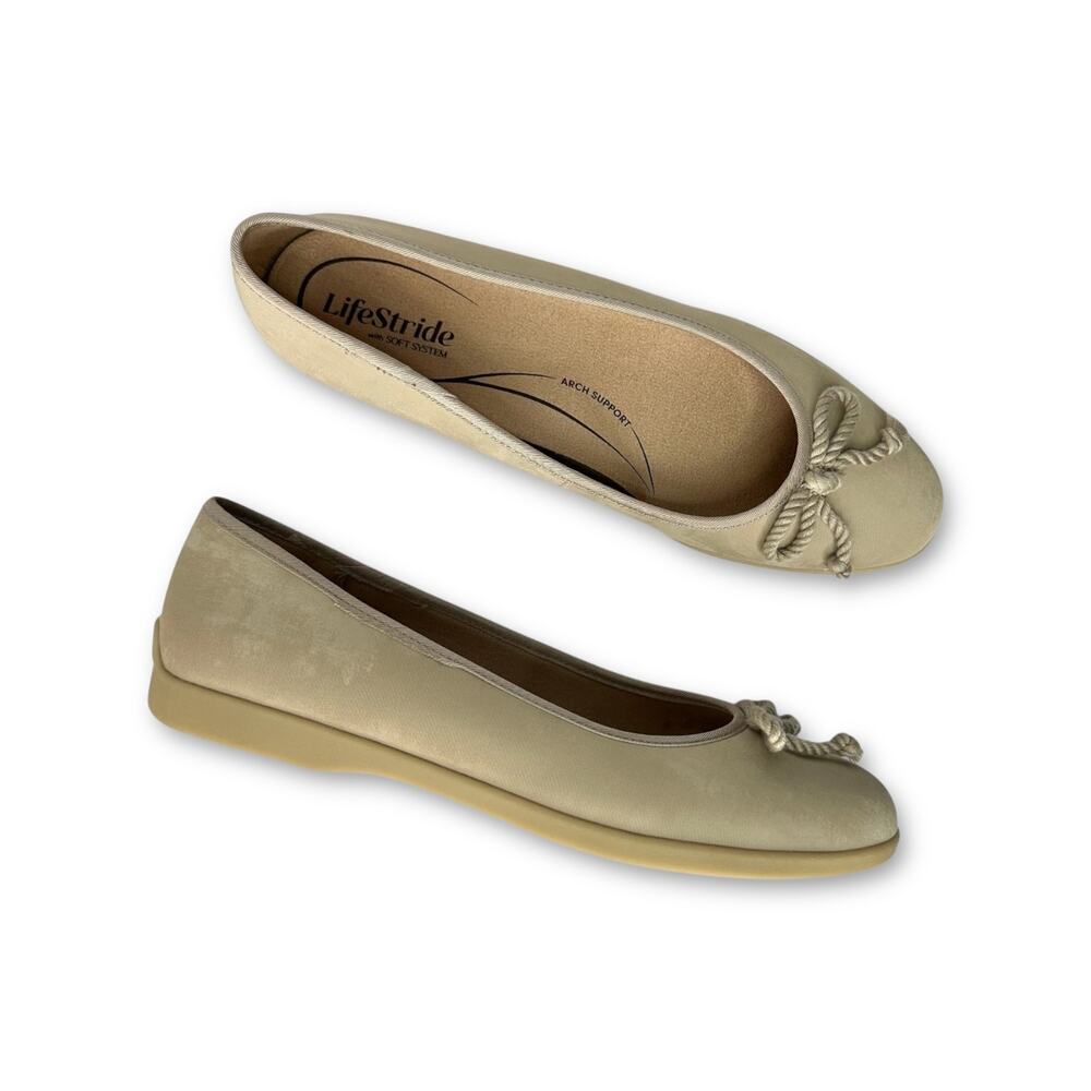 Lifestride Women's Maura Ballet Flats 11 Taupe Oceania Microfiber Bow Nautical